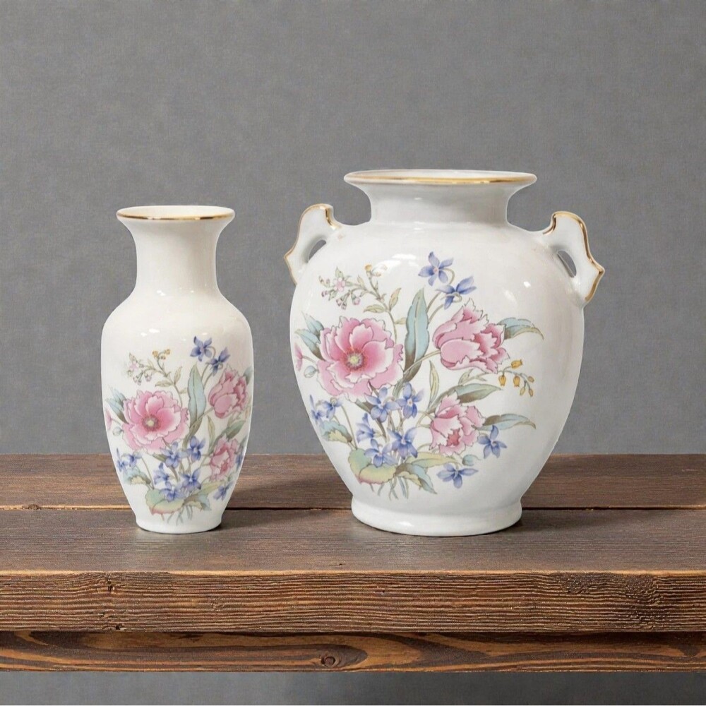 Vintage Japanese Fineβ China Floral Vases Pair Gold Trim Mid Century Japan